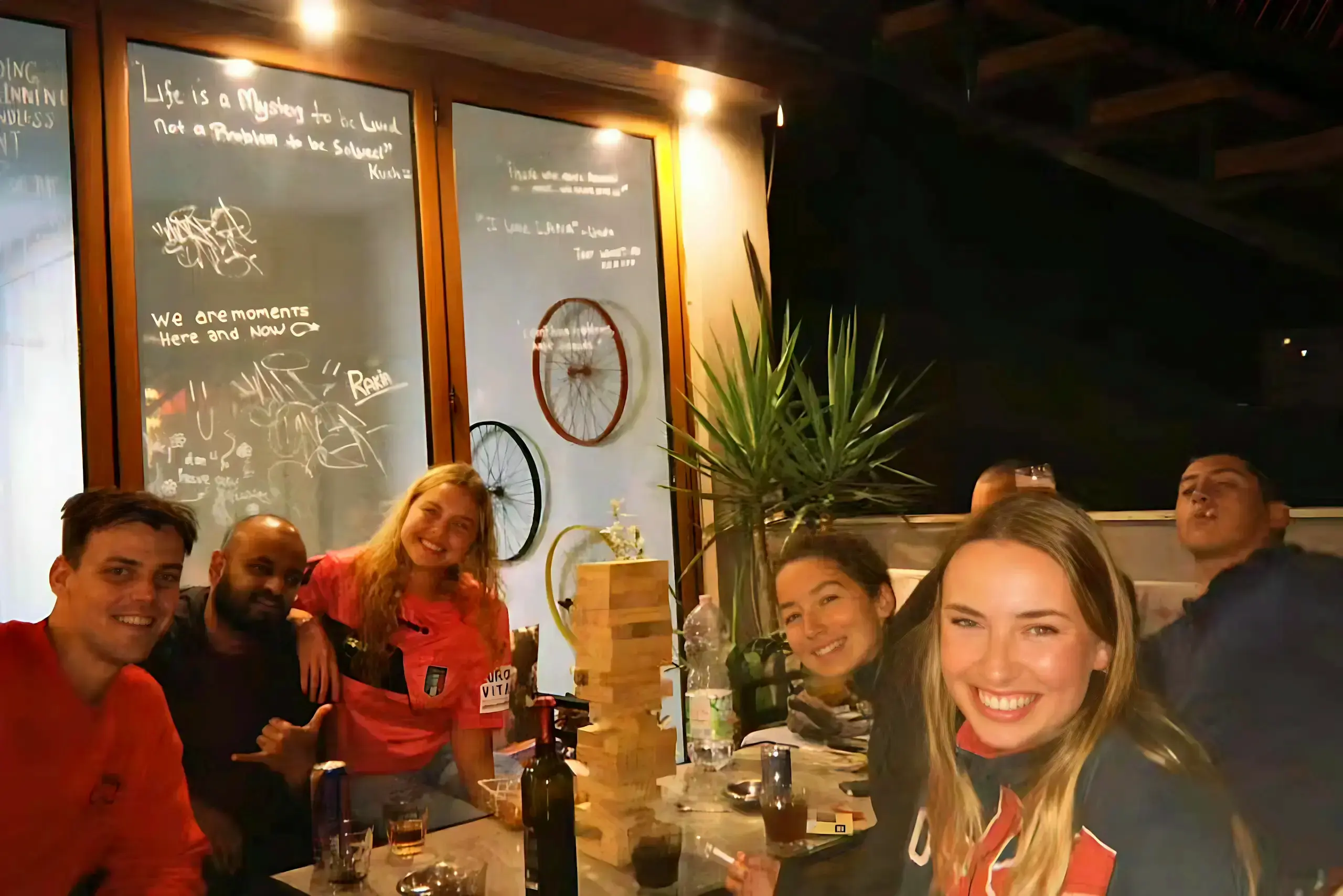 Guests on the Scodrinon Hostel rooftop